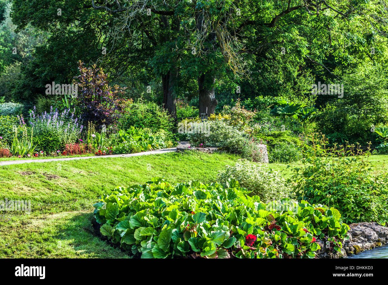 The pretty landscaped garden of the Trout Farm in the Cotswold village
