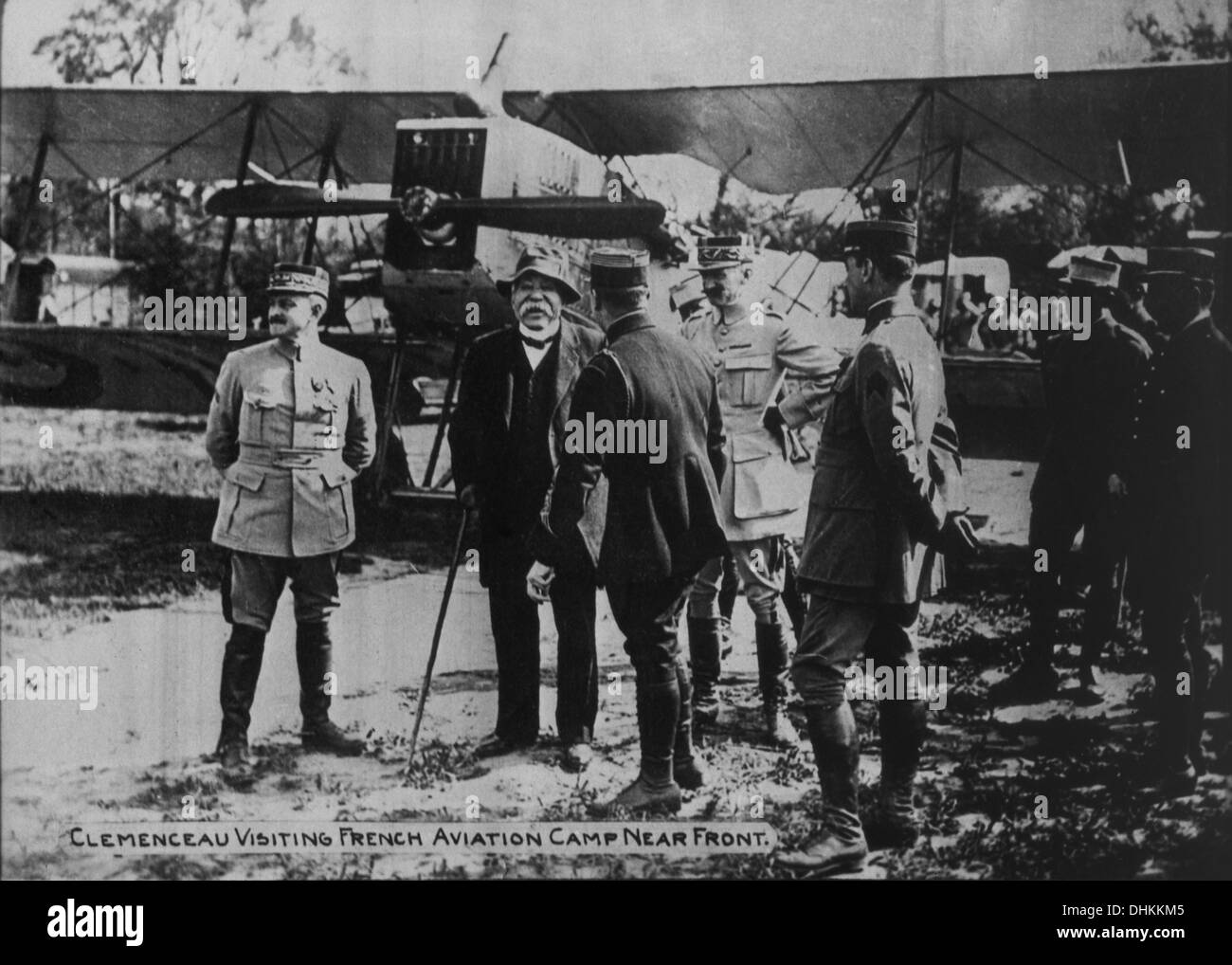 French Prime Minister Georges Clemenceau with Military Officers During Visit to French Aviation Camp, World War I, 1917 Stock Photo