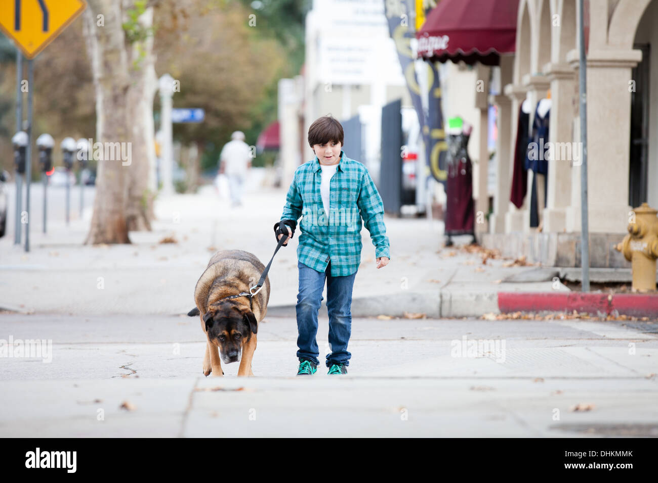 A 10 year old boy and his dog walking down the sidewalk Stock Photo