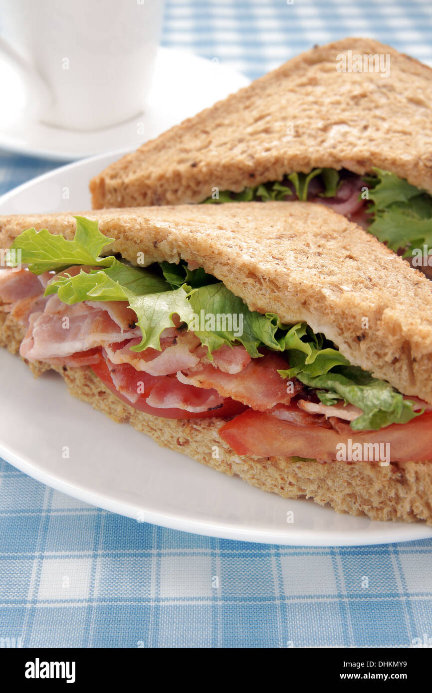 Bacon Lettuce and Tomato Sandwich on malted whole grain bread Stock Photo