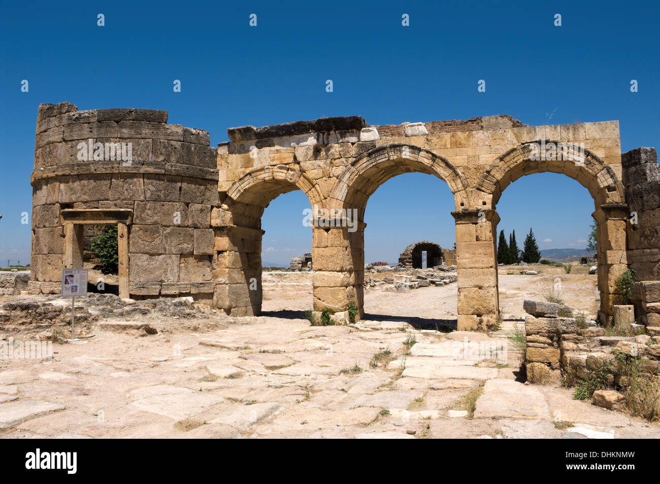 Frontinus (Domitian) Gate at the ancient Greek and Roman city of Hierapolis (Taurus mountains, Pamukkale in Turkey) Stock Photo