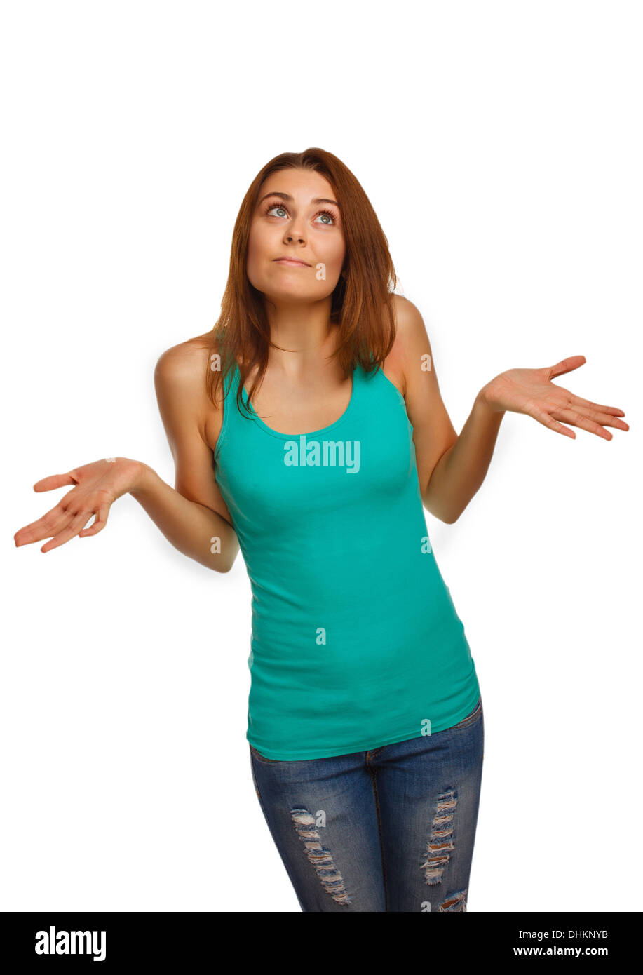 woman throws her hands she did not understand surprised looks upwards