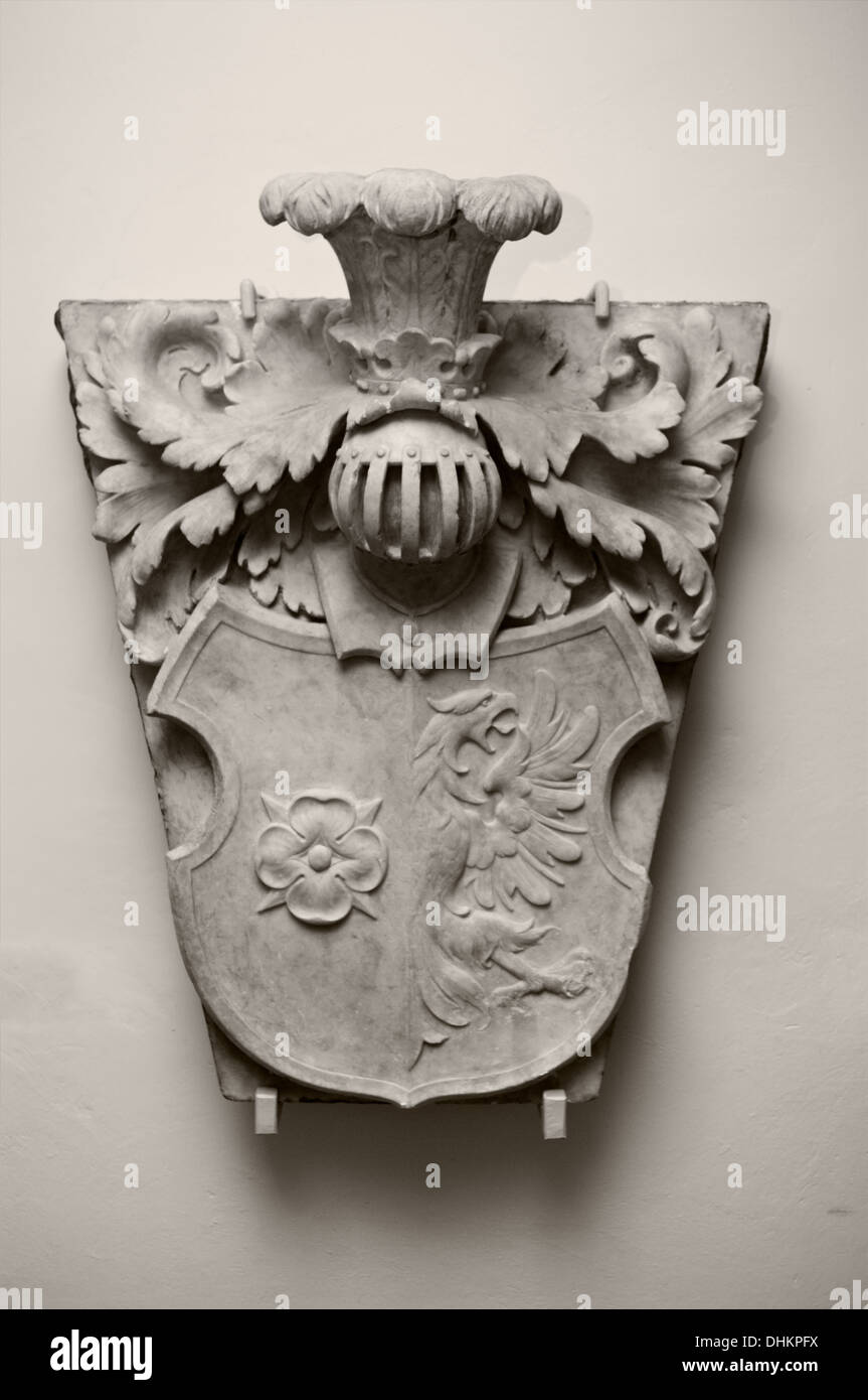 Heraldic stone carving from the medieval Livonia, Latvia Stock Photo