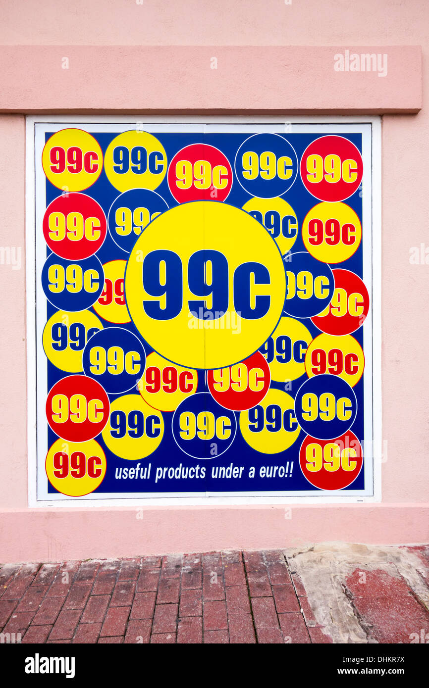 European shop that sells 99c (Euro) Products. Sign less than 1 euro View from the front. Close up Stock Photo