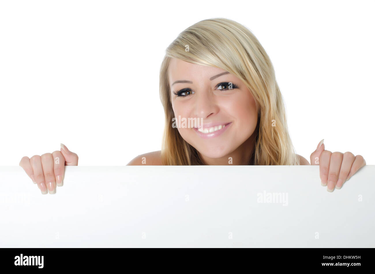 Beauty girl holding blank sign hi-res stock photography and images - Alamy
