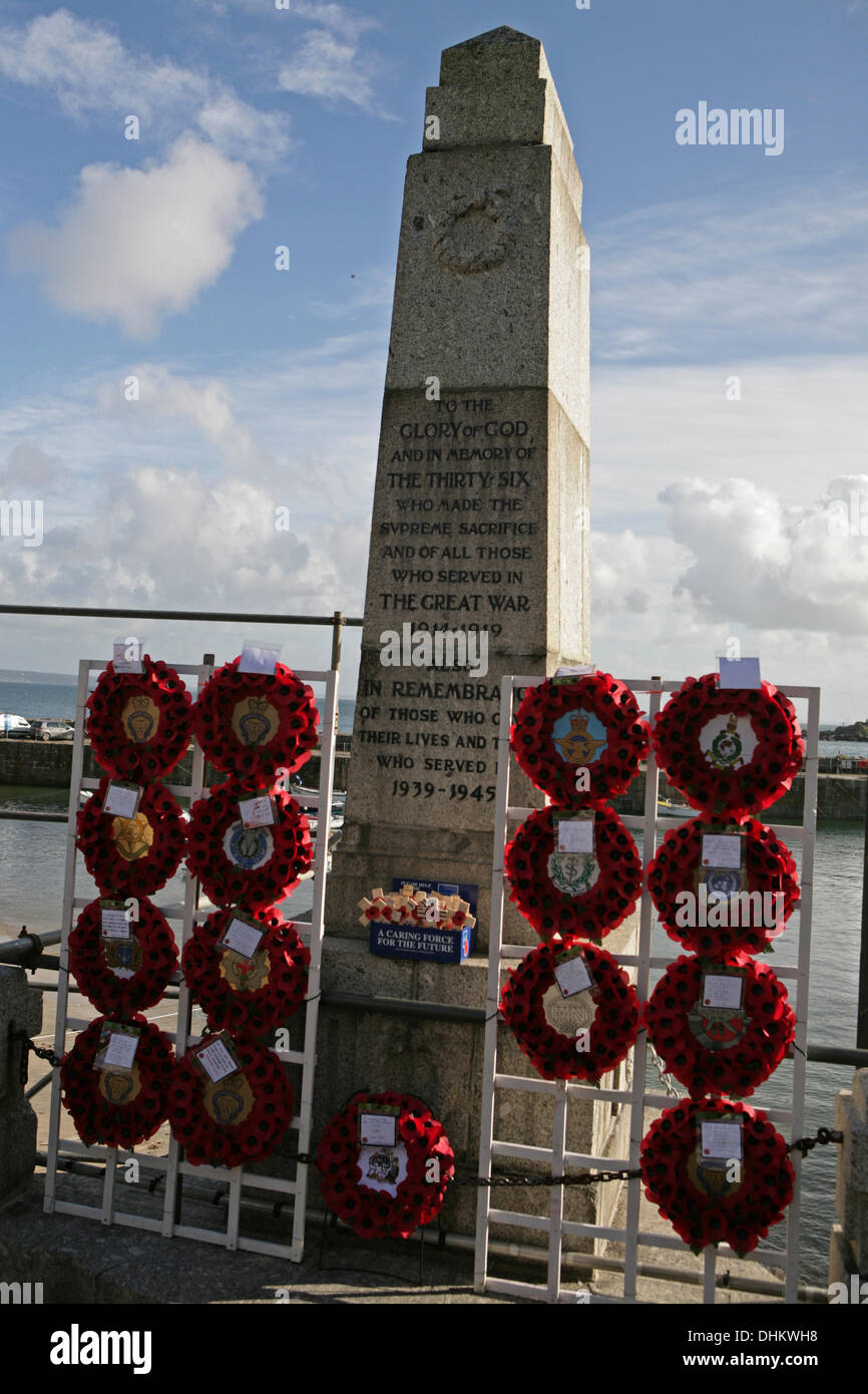 Mousehole,UK,12th November 2013, The war memorial with wreaths in Mousehol Credit: Keith Larby/Alamy Live News Stock Photo
