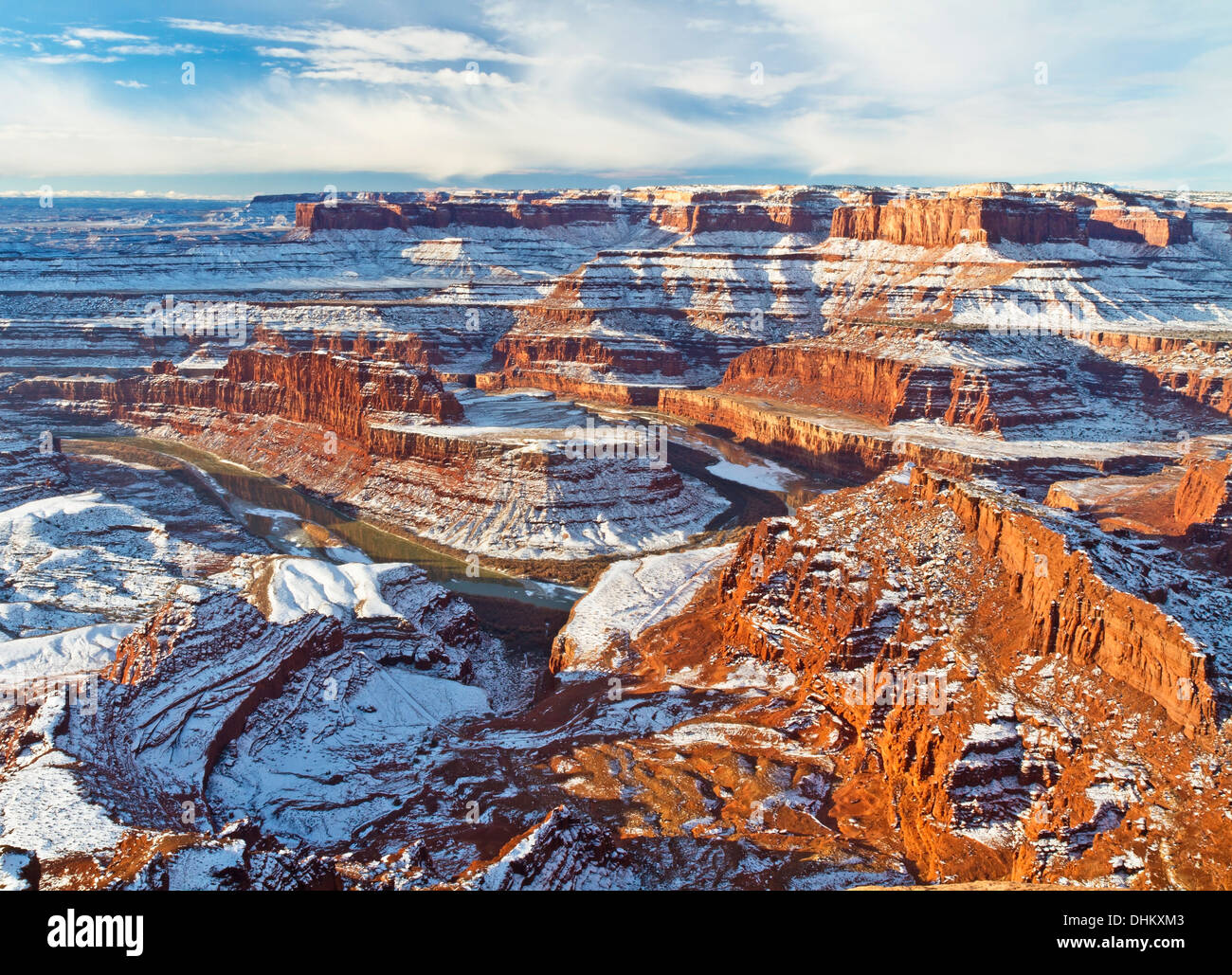 Wintry view of a gooseneck bend in the Colorado River from Dead Horse Point Overlook in Utah. Stock Photo