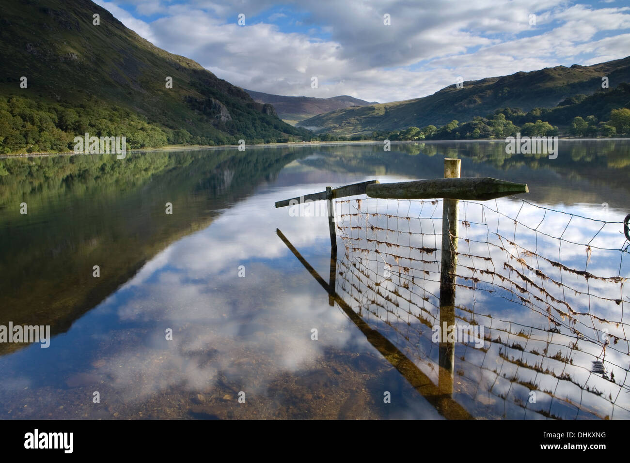 A fence and reflection going into Llyn Gwynant. The mist rising over the lake partially obscures Gallt y Wenallt, Nant gwynant. Stock Photo
