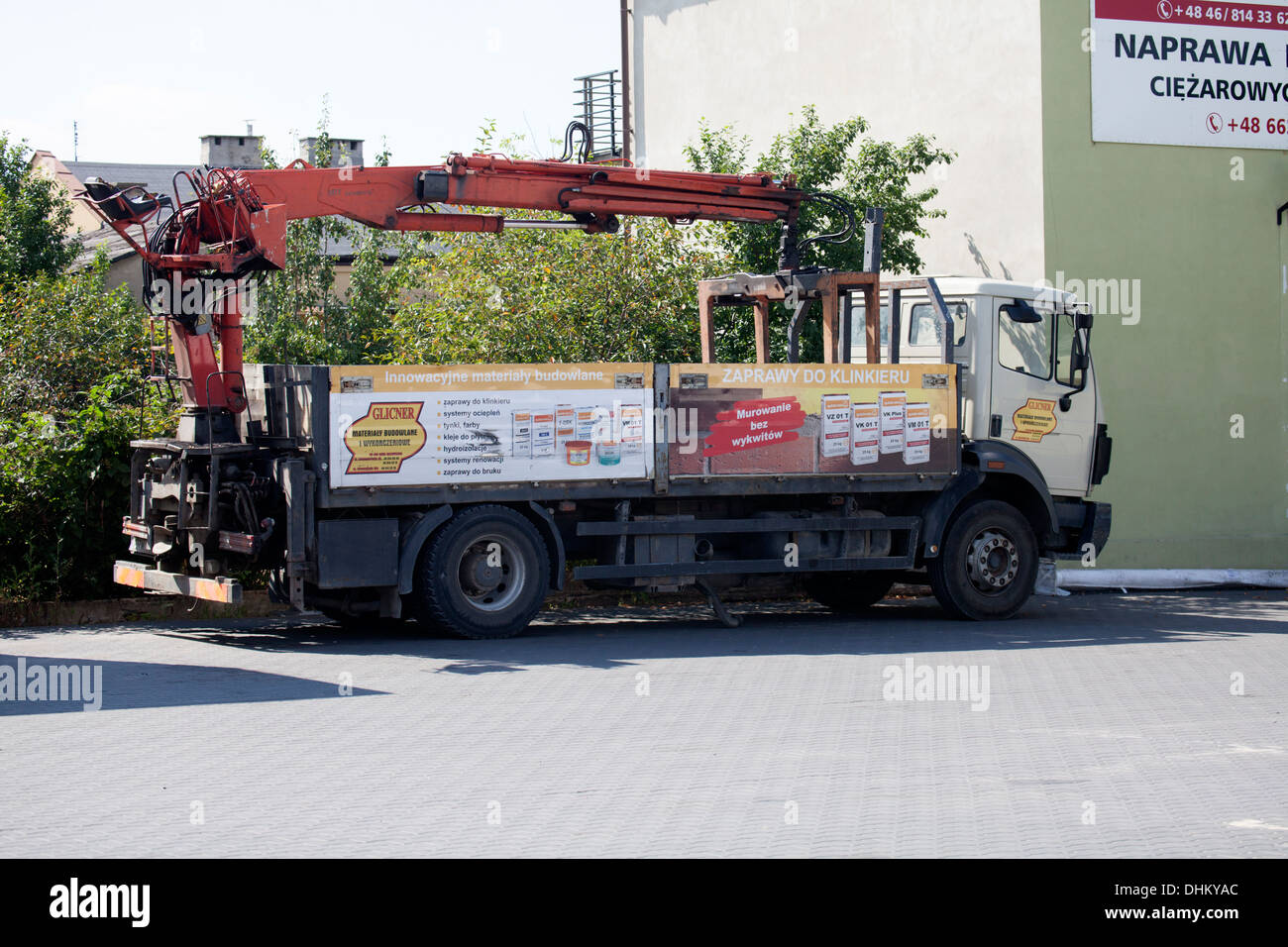 Large utility truck with pickup crane. Rawa Mazowiecka Central Poland Stock Photo
