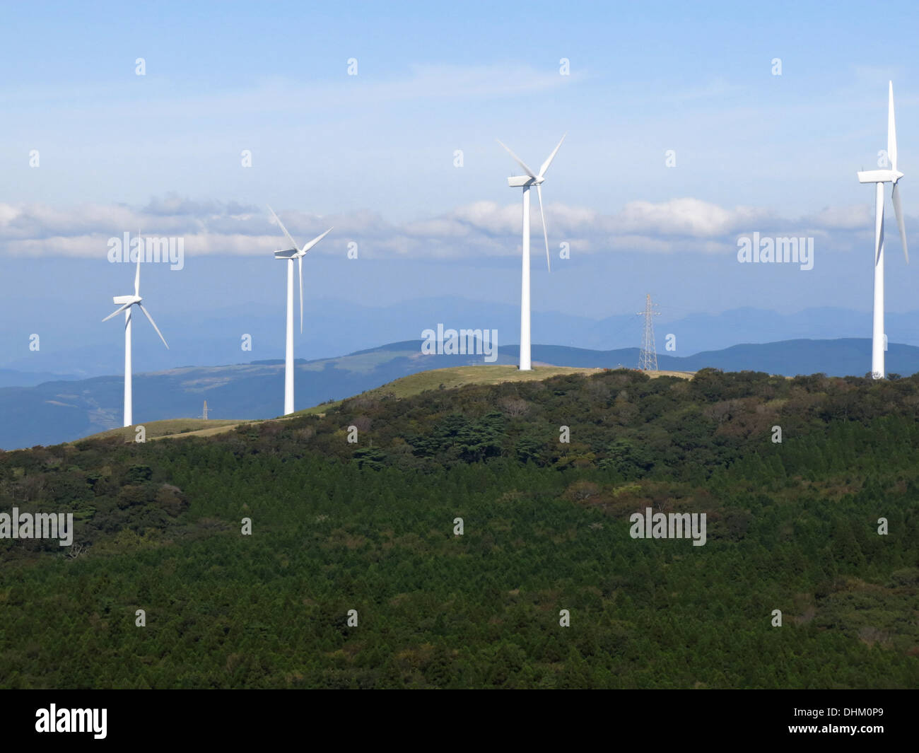 big wind power turbines japan country-side Stock Photo