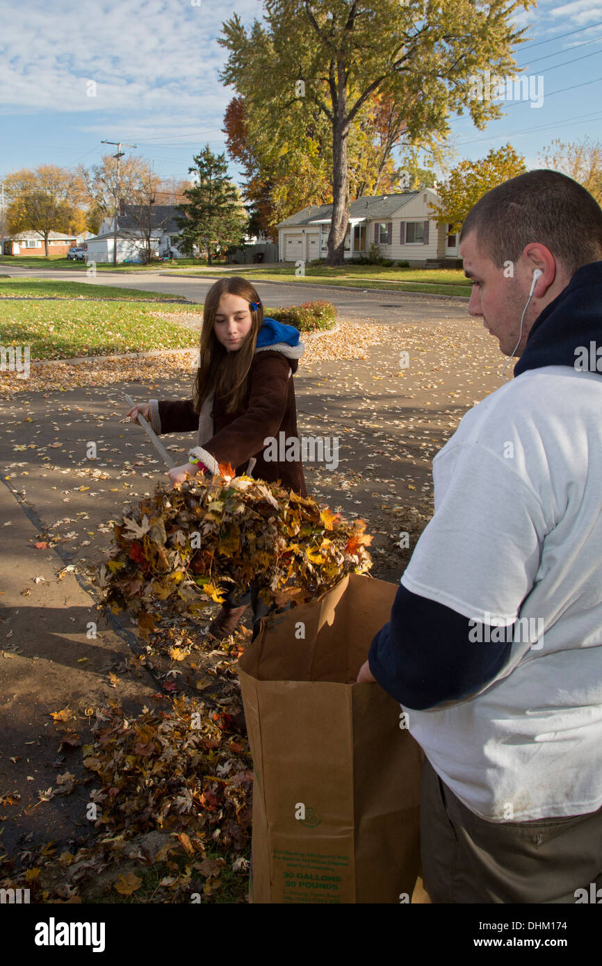 Fall Raking Volunteer High school student volunteers rake leaves for senior citizens Stock ...