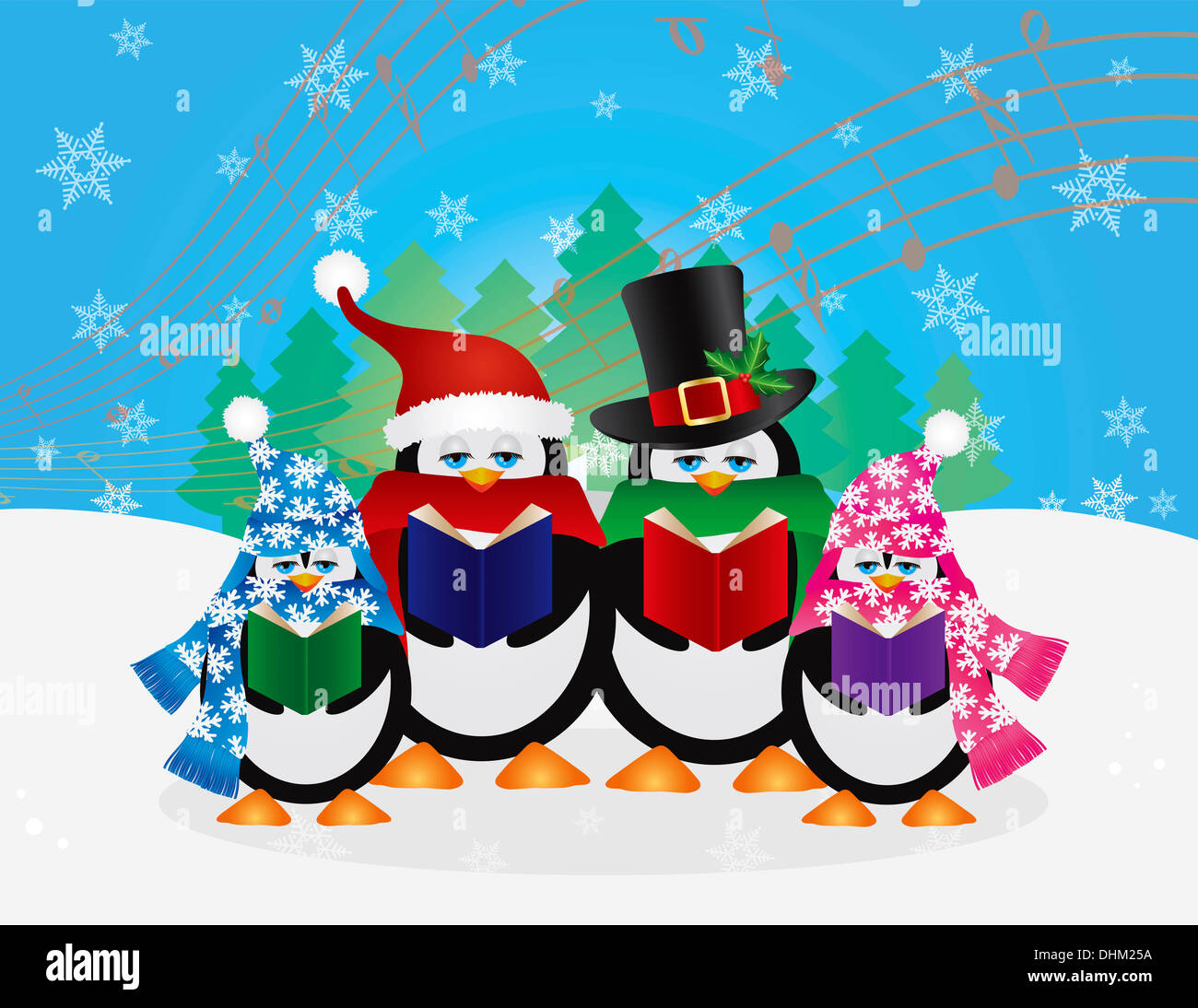 Penguins Christmas Carolers with Hats and Scarfs with Winter Snow Scene and  Random Music Notes Background Illustration Stock Photo - Alamy