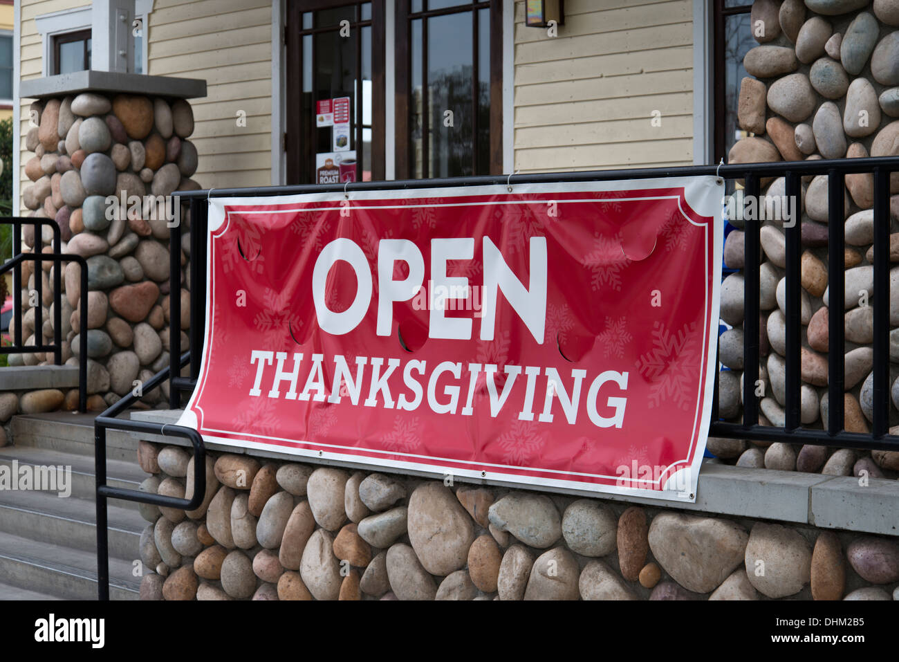 Open Thanksgiving sign in front of Jack in the Box restaurant, 2404 Market Street, San Diego, California 92102 USA Stock Photo