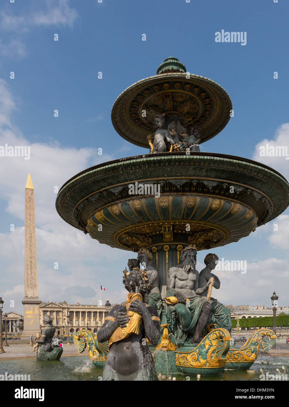 Fountain of River Commerce and Navigation with obelisk on the Champs Elysees in Paris, France. Stock Photo