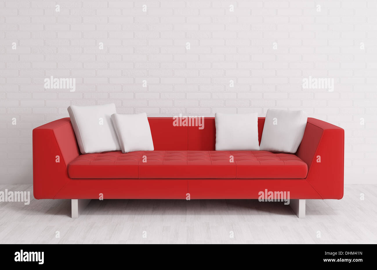 Modern Interior With Red Sofa Over The Brick Wall 3d Render Stock