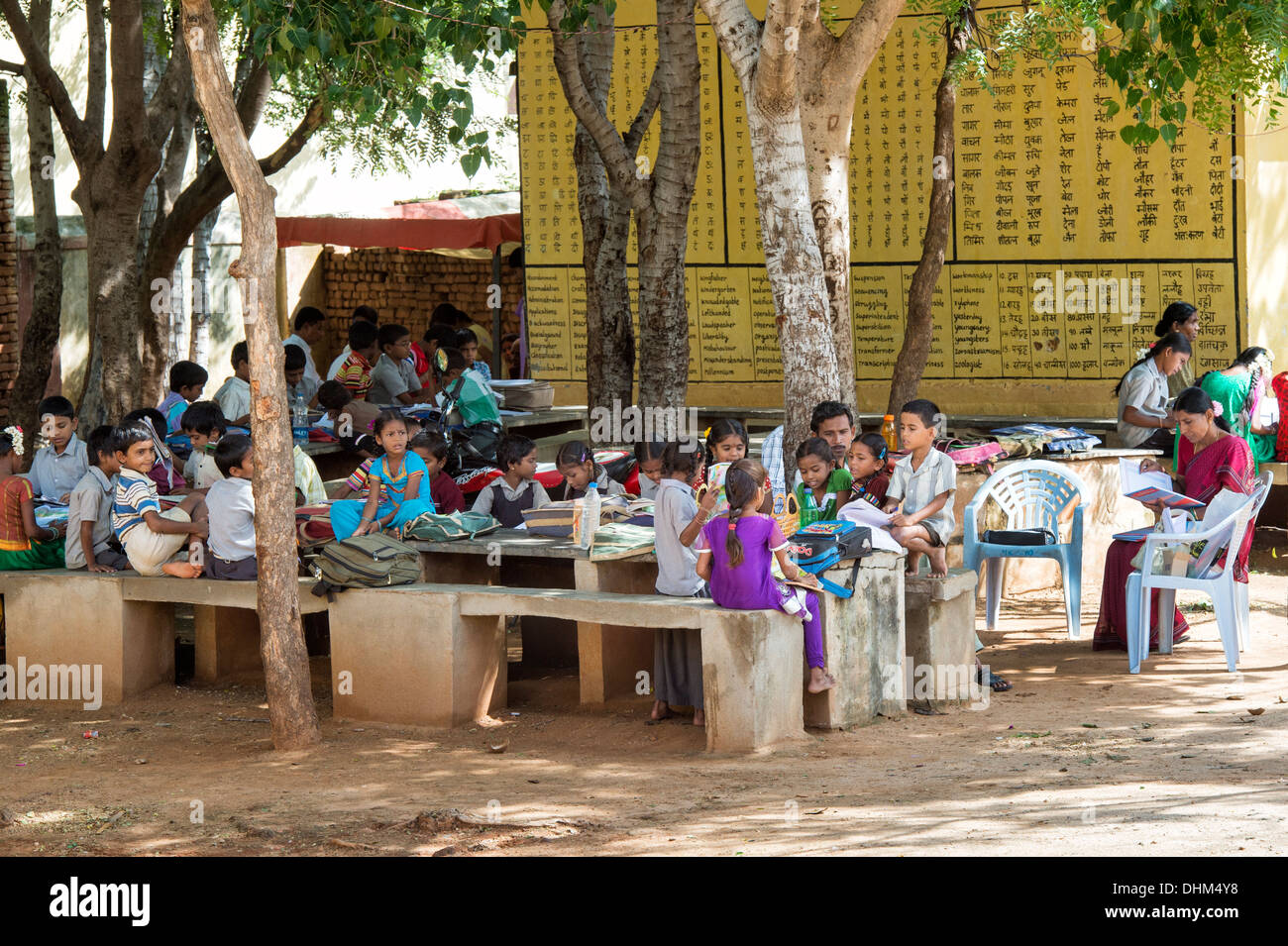 Rural Indian village children at school in an outside class. Andhra Pradesh, India Stock Photo