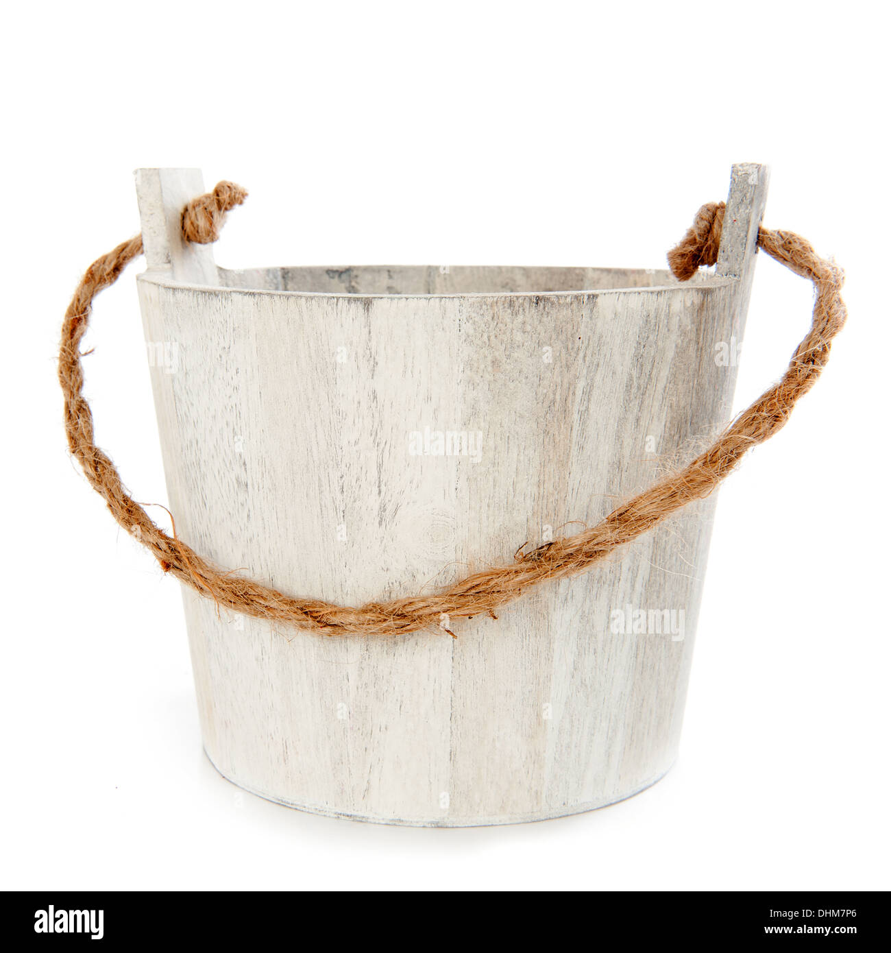 a wooden bucket with a rope on a white background Stock Photo Alamy