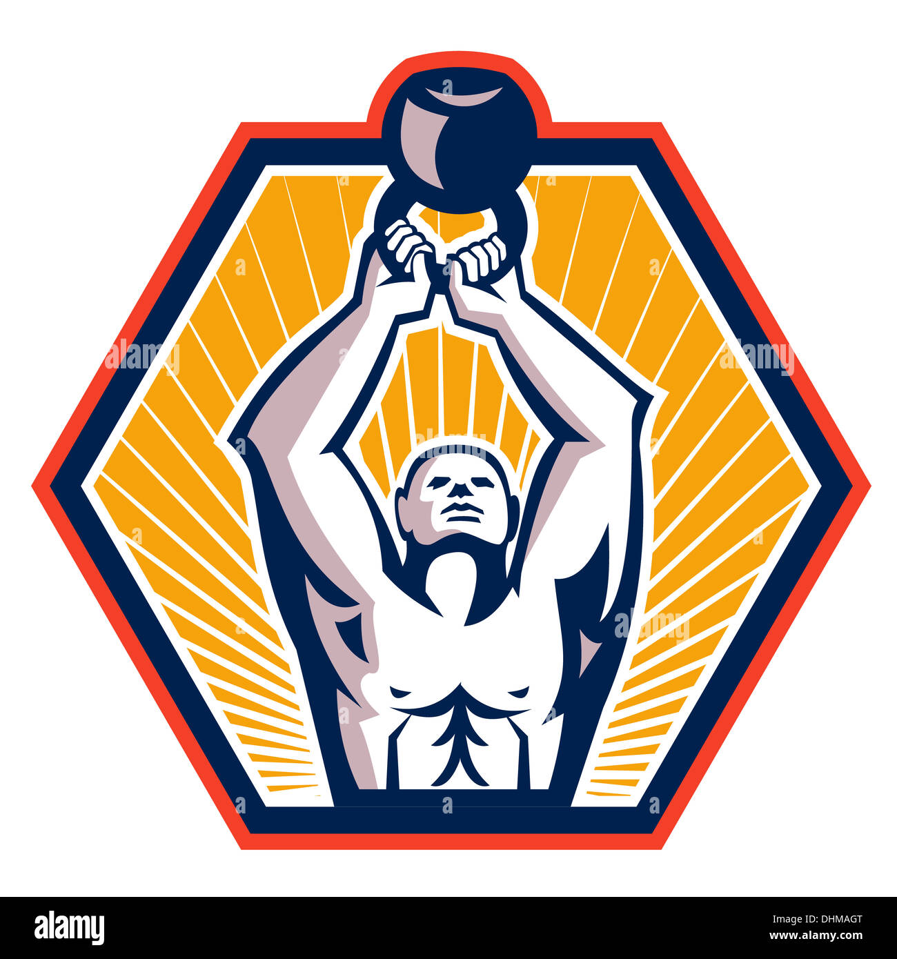 Illustration of a crossfit athlete muscle-up lifting kettlebell facing front set inside hexagon shape done in retro style on isolated white background Stock Photo