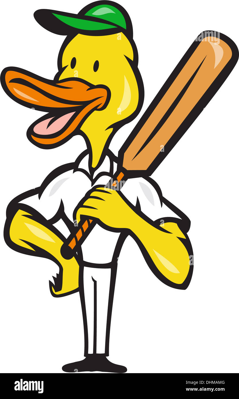 Illustration of a duck cricket player batsman with bat batting facing