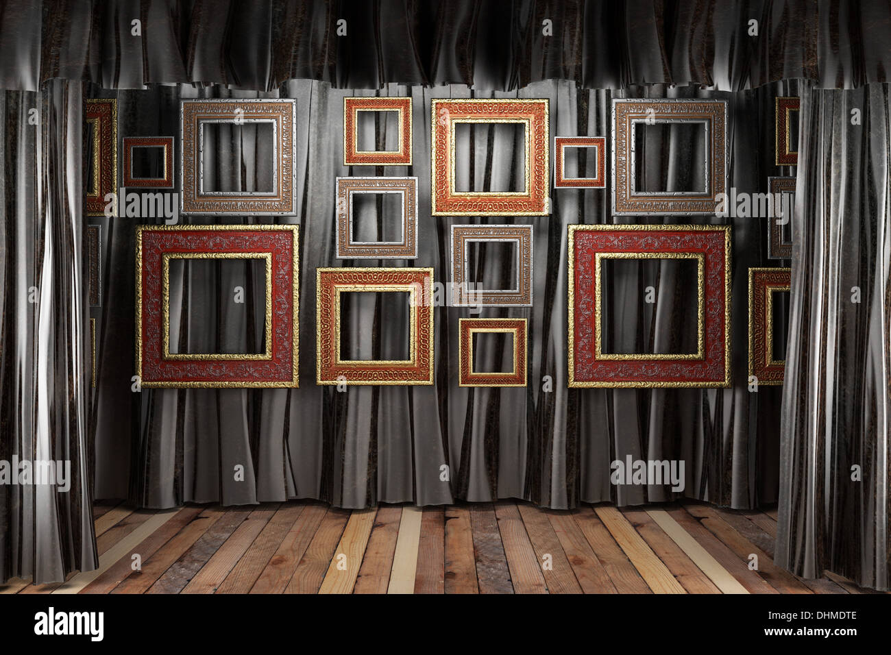 black silk curtain with frames on stage Stock Photo Alamy