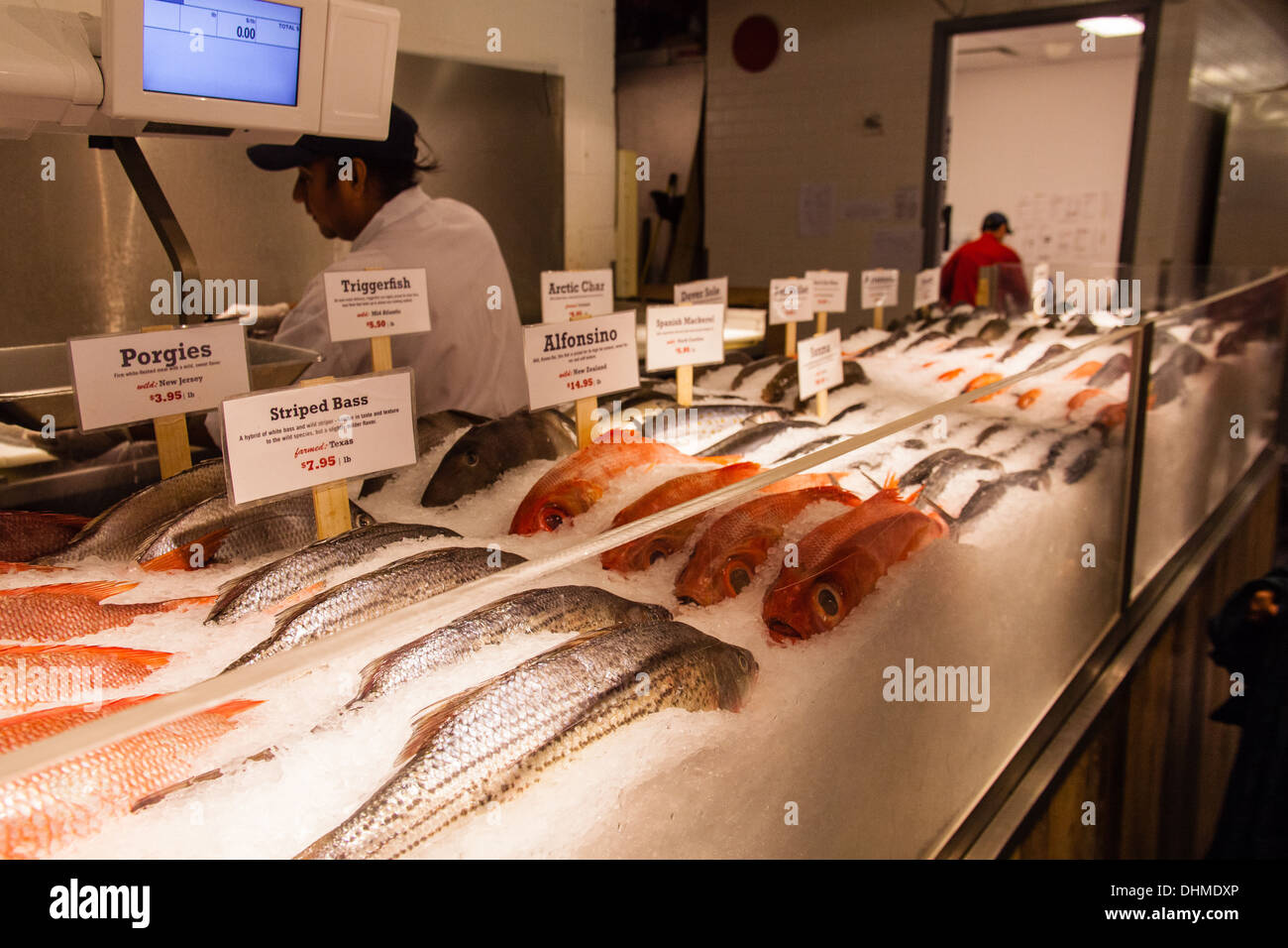 Fish display at The Lobster Place seafood Market or fishmongers, Chelsea Food Market, New York City, United States of America. Stock Photo