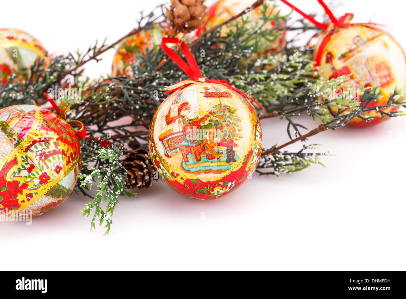 Christmas balls with fir tree branch isolated on white background Stock ...