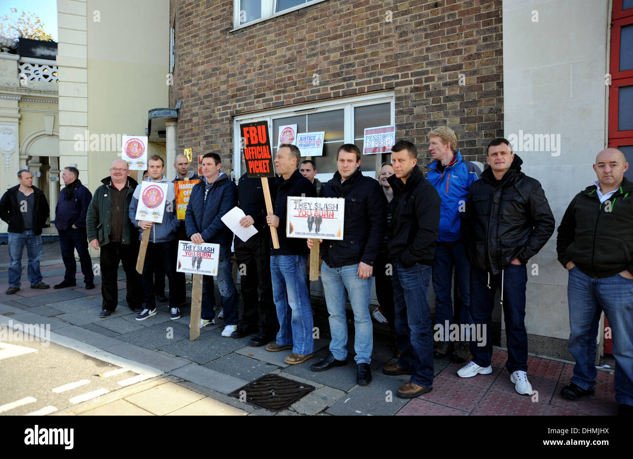 Firefighters on the picket line outside the Preston Circus fire station