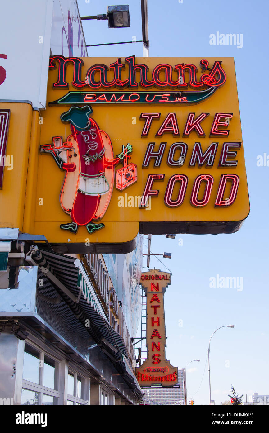 Neon sign for Nathans hot dog restaurant Coney Island, Brooklyn, New ...