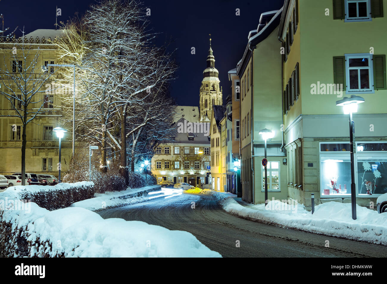 Night scenes of wintry Coburg in Bavaria, Germany Stock Photo