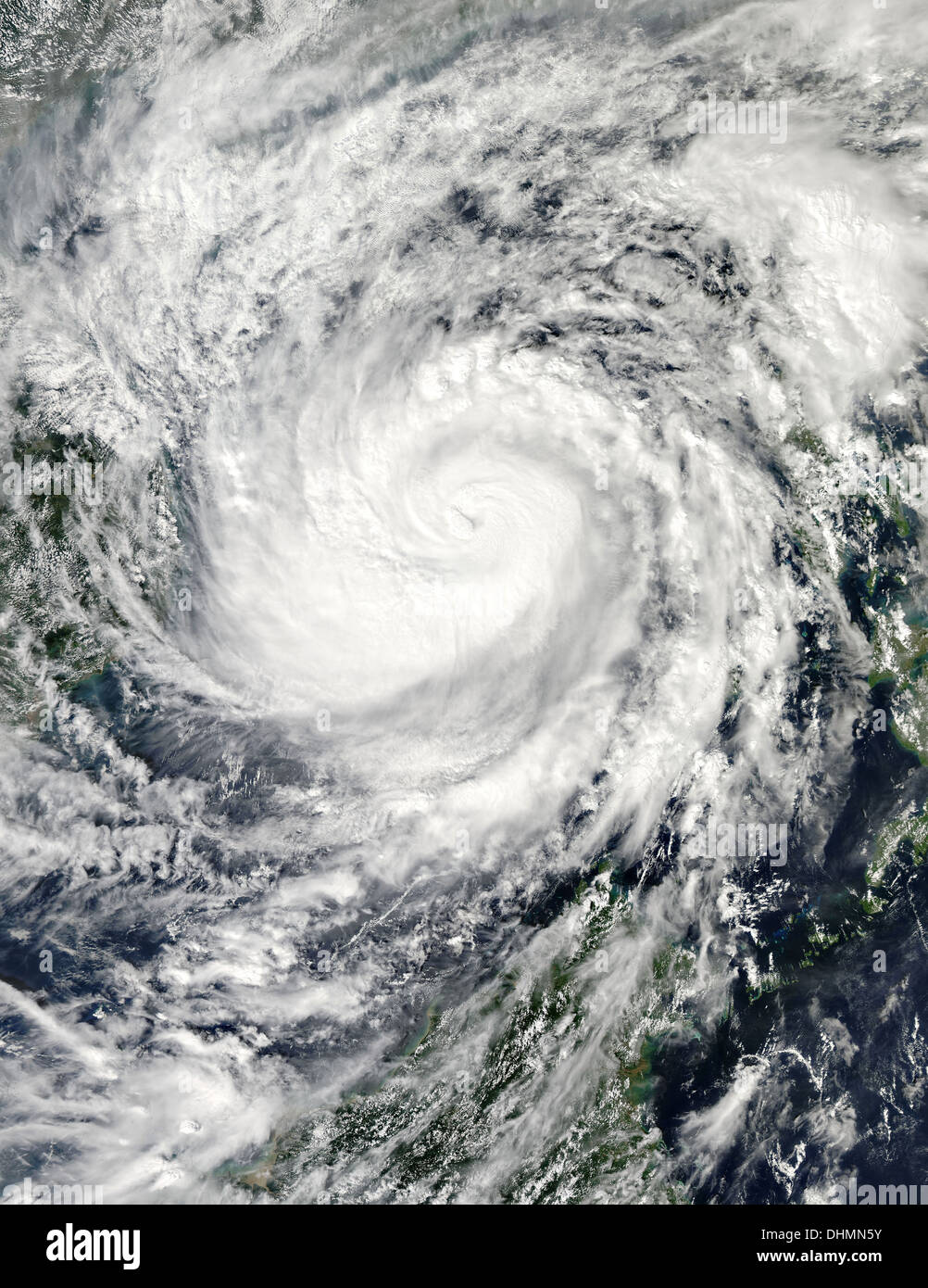 Satellite view of super Typhoon Haiyan in the middle of the South China Sea headed toward Vietnam after devastating the Philippine Islands November 9, 2013. Stock Photo