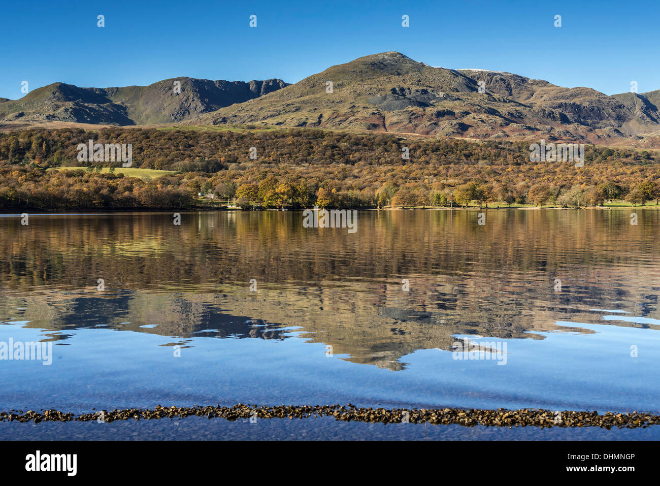 Coniston Water lake district Cumbria flat calm still. Old Man of