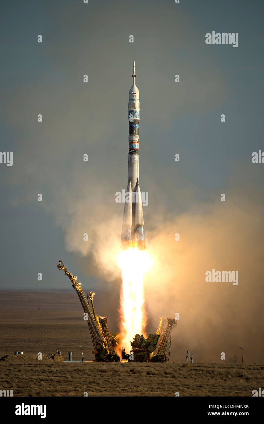 The Soyuz TMA-11M rocket launches with Expedition 38 Soyuz Commander Mikhail Tyurin of Roscosmos, Flight Engineer Rick Mastracchio of NASA and Flight Engineer Koichi Wakata of the Japan Aerospace Exploration Agency onboard November 7, 2013 at the Baikonur Cosmodrome, Kazakhstan. Tyurin, Mastracchio, and, Wakata will spend the next six months aboard the International Space Station. Stock Photo