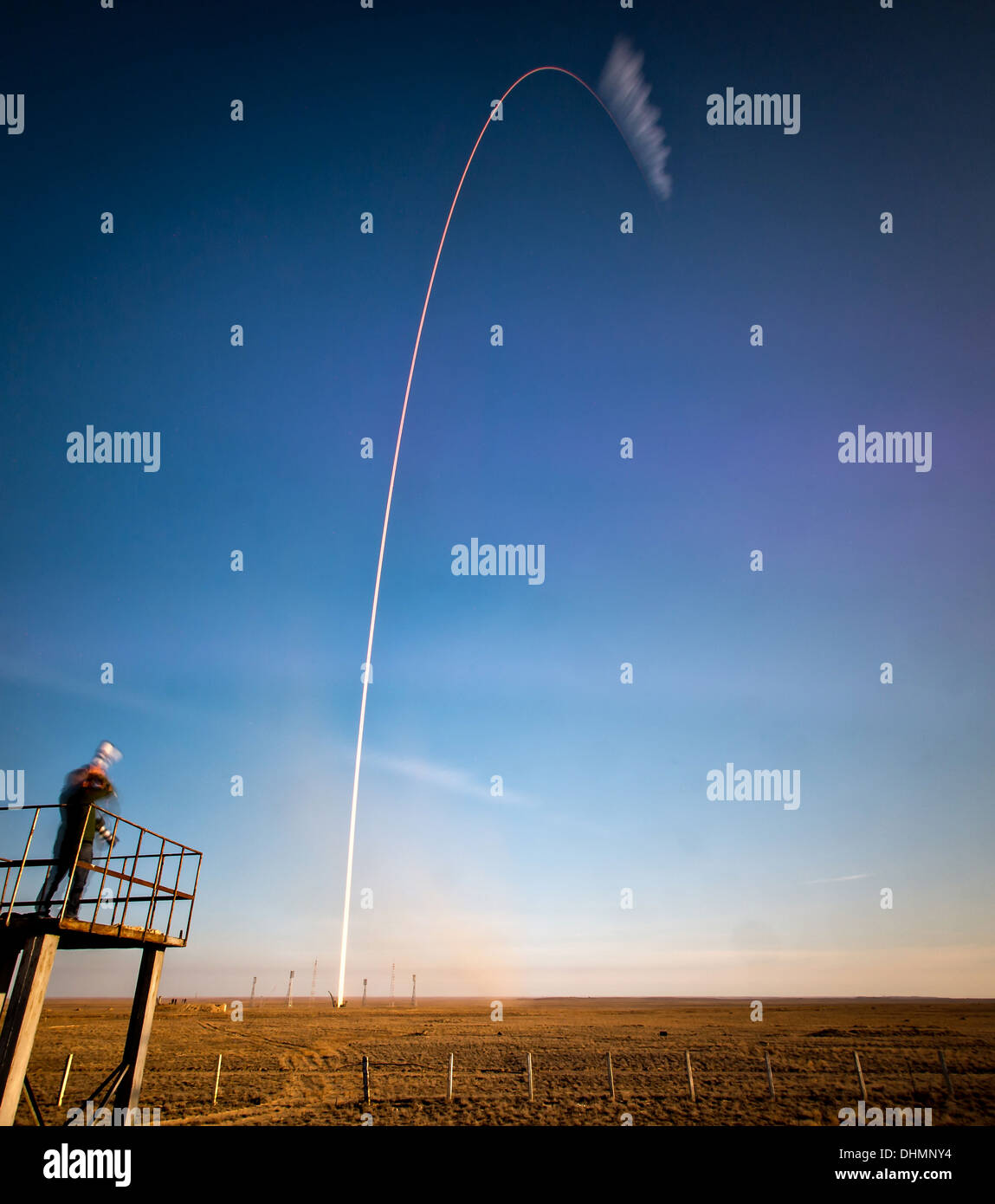 The Soyuz TMA-11M rocket launches in a time exposure with Expedition 38 Soyuz Commander Mikhail Tyurin of Roscosmos, Flight Engineer Rick Mastracchio of NASA and Flight Engineer Koichi Wakata of the Japan Aerospace Exploration Agency onboard November 7, 2013 at the Baikonur Cosmodrome, Kazakhstan. Tyurin, Mastracchio, and, Wakata will spend the next six months aboard the International Space Station. Stock Photo