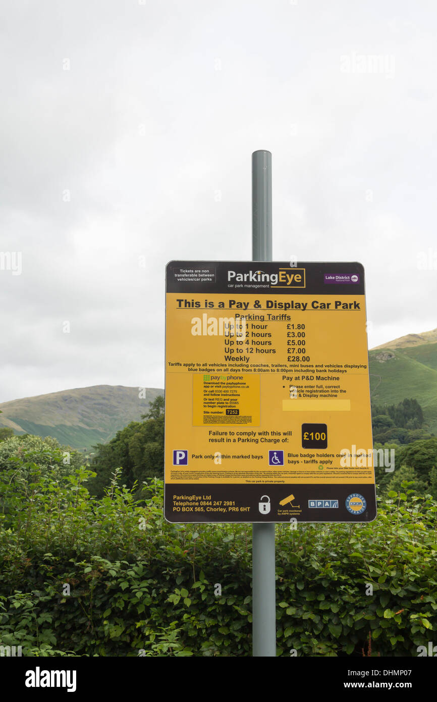 ParkingEye sign displaying car parking an Automatic Number Plate Recognition (APNR) in use warning in Grasmere, Cumbria Stock Photo