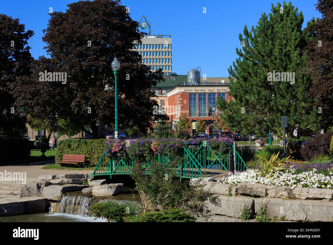 The Flying Monkeys Craft Brewery is seen from Heritage Park in downtown Barrie, Ontario. Stock Photo