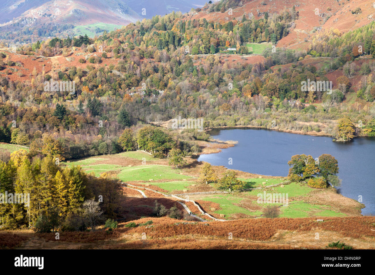 Aerial view of Rydal Water from the flanks of Loughrigg Fell. Stock Photo