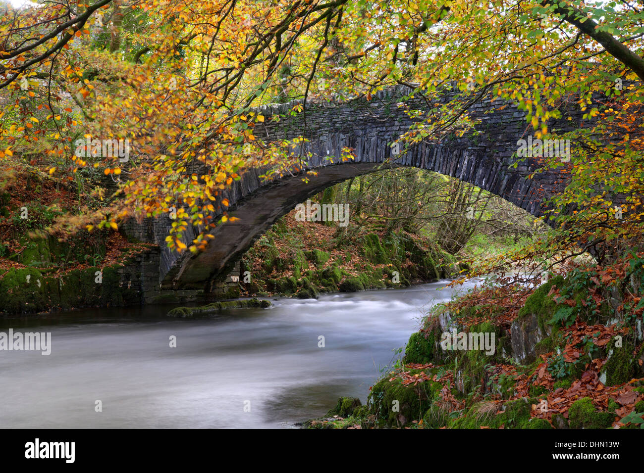 Autumn bridge over the River Brathay Clappersgate near Ambleside, Lake District Cumbria UK Stock Photo