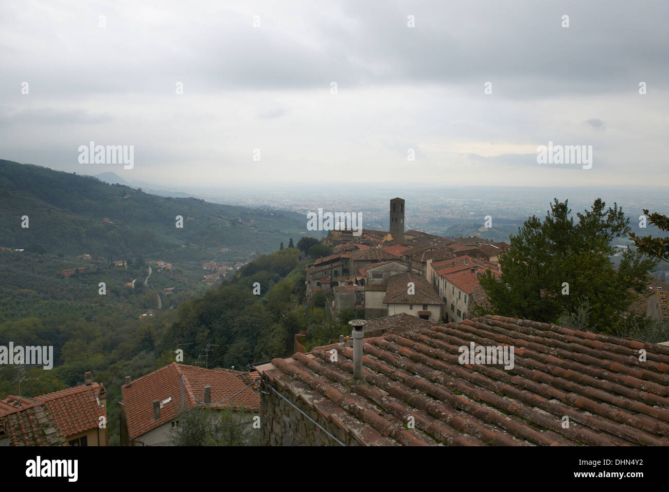 The view of the town of Massa from the highest point of the town looking at Montecatini Terme in the valley below Stock Photo