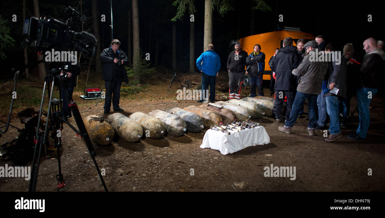 Eleven disarmed WWII aircfraft bombs are on display in the rural ...