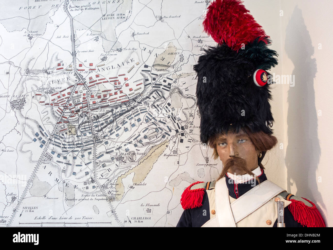 Battlefield map and Imperial guard grenadier at Napoleon's Last HQ Headquarters museum about Battle of Waterloo, Vieux-Genappe Stock Photo