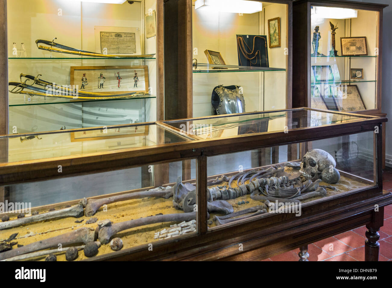 Skeleton of French Hussar soldier at Napoleon's Last HQ Headquarters museum about the Battle of Waterloo, Vieux-Genappe, Belgium Stock Photo