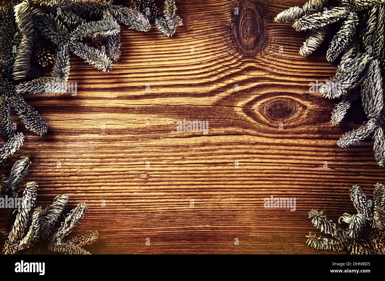 wooden board with sprunce branches Stock Photo