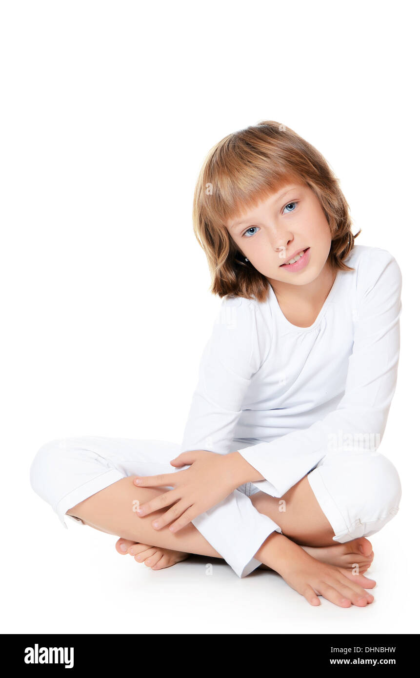 The beautiful little girl isolated on white Stock Photo