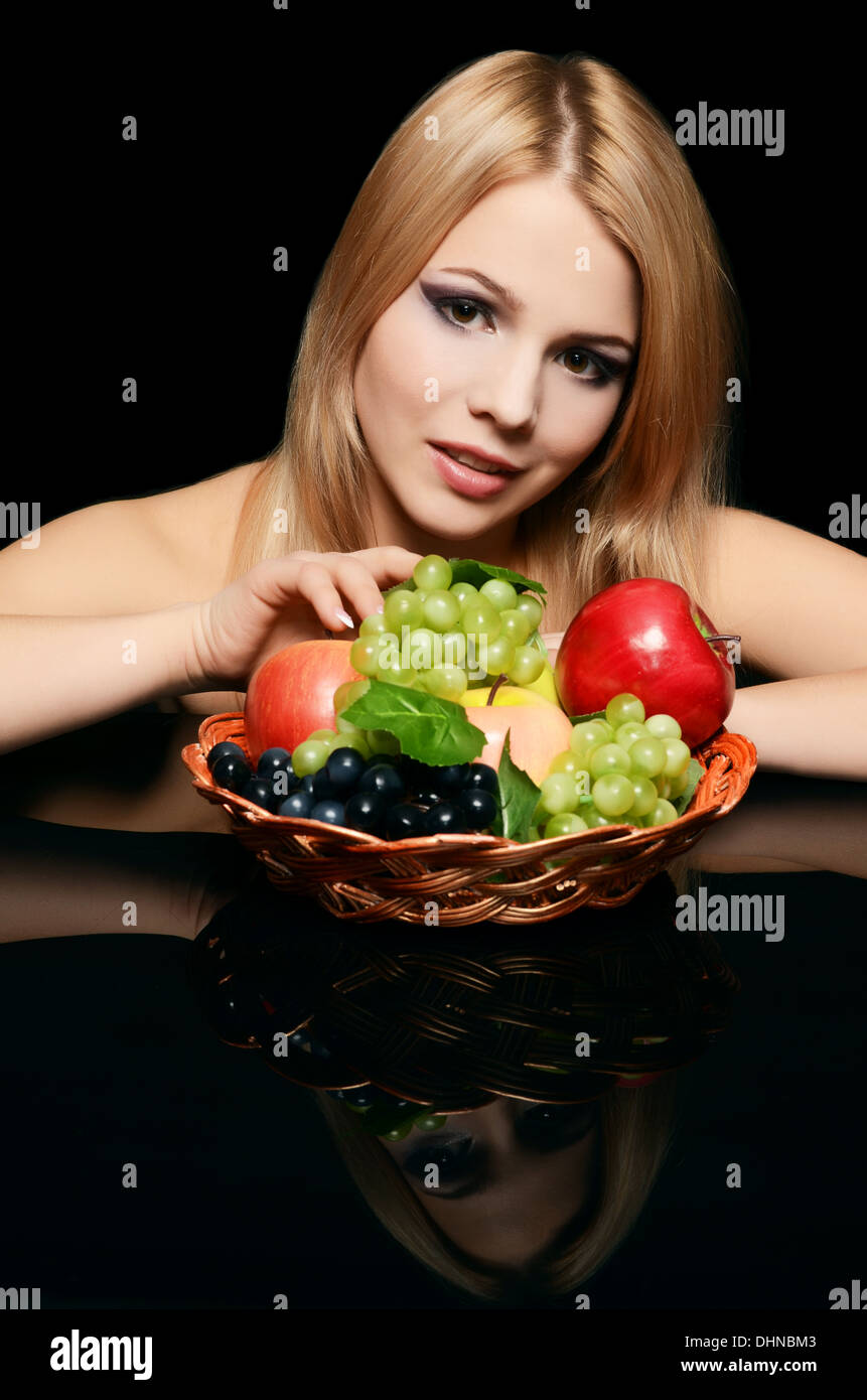 The beautiful woman with basket of fruit Stock Photo - Alamy