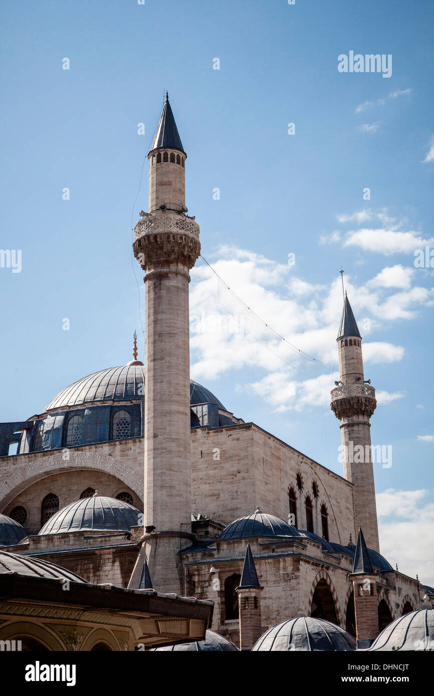 View of the domes and minarets of the Mevlana Museum, historic centre of the  Whirling Dervishes in Konya, Turkey. Stock Photo