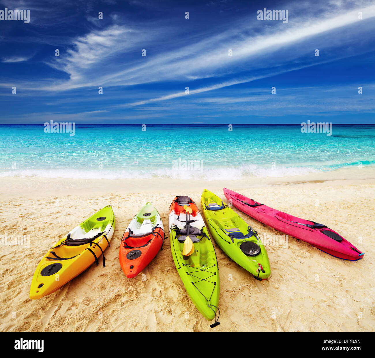 Colorful kayaks on the tropical beach, Thailand Stock Photo