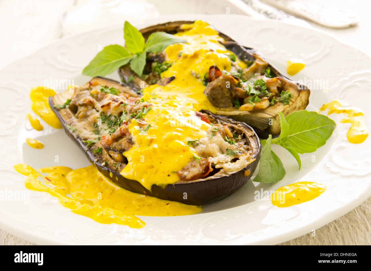 baked eggplant with saffron sauce Stock Photo Alamy