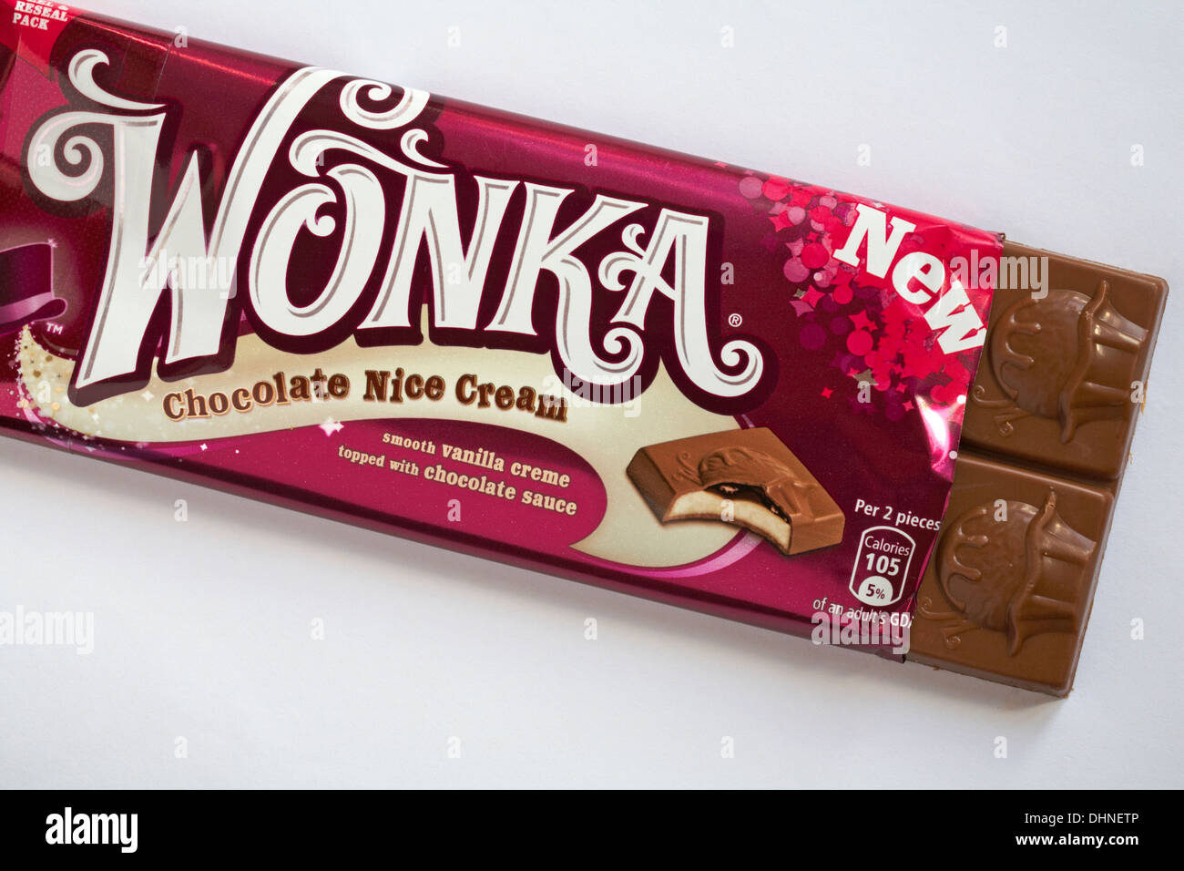 New Wonka Chocolate Nice Cream flavoured chocolate bar opened to show contents set on white background Stock Photo