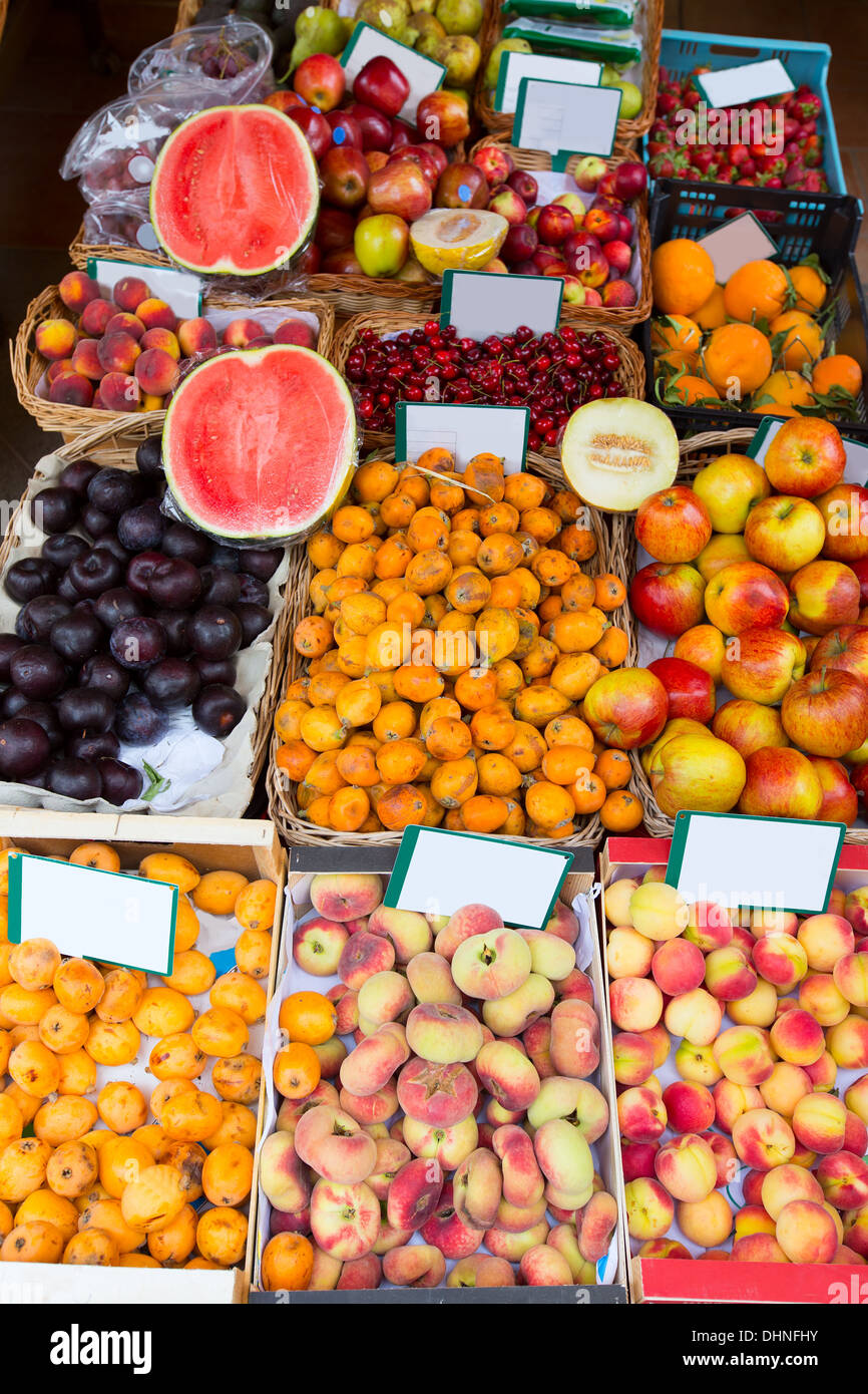 Mediterranean summer fruits in Balearic Islands market outdoor Stock