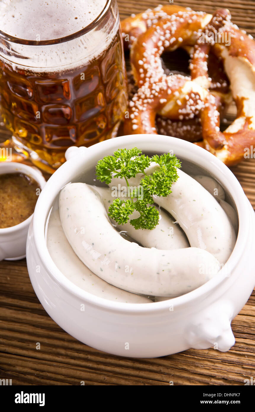 bavarian white sausage with beer Stock Photo